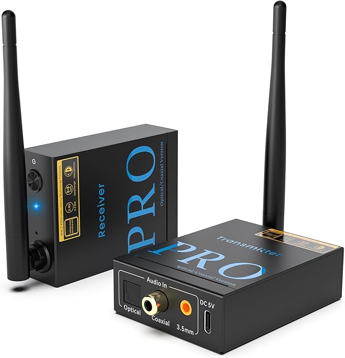 1Mii 2.4GHz Wireless Audio Transmitter and Receiver, HiFi Audio, 20ms Low Latency, 320ft Long Range Wireless Subwoofer Kit for Speaker/Stereo/Soundbar,Optical/Coaxial/3.5mm(RCA) Ports.