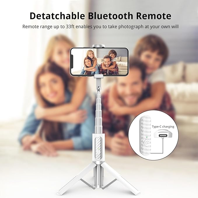 ATUMTEK Selfie Stick Tripod, Extendable 3 in 1 Aluminum Bluetooth Selfie Stick with Wireless Remote and Tripod Stand for iPhone 16/15/14/13/12/11/11 Pro/XS Max/XS/XR/X/8/7, Samsung Smartphones, White