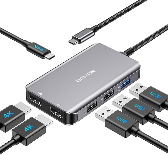 USB C Docking Station Dual Monitor with 2 HDMI, 6-in-1 USB C Hub, Laptop Docking Station with 4K HDMI, 3 USB-A, 100W PD Charging, Thunderbolt Dock Compatible with Dell, HP, Lenovo, Surface