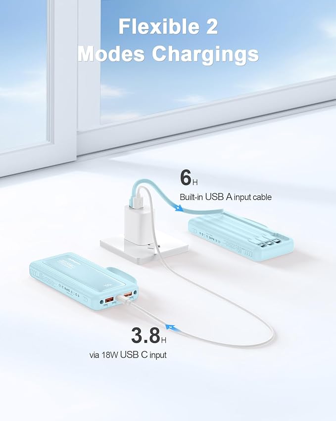 Portable Charger with Built in Cables, Slim 10000mAh Fast Charging 22.5W Power Bank USB C LED Display Battery Pack 6 Outputs & 2 Inputs for iPhone Samsung Pixel LG Moto iPad