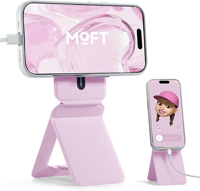 MOFT Phone Stand, Magnetic Phone Tripod Stand Stain-Resistant MOVAS Leather & Angle Adjustment & Strong Magnets Tripod for iPhone 16/15/14/13/12 (Included Metal Ring)-Blush