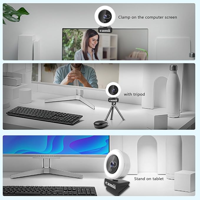 4K Webcam with Light, HD Webcam for PC with Remote Control, Built-in Privacy Cover, Adjustable Brightness, Noise Reduction Mics, for Zoom Skype Teams Laptop and Google Meet