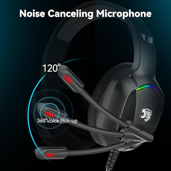 Gaming Headset with Microphone for Pc, Xbox One Series X/s, Ps4, Ps5, Switch, Stereo Wired Noise Cancelling Over-Ear Headphones with Mic, RGB, for Computer, Laptop, Mac, Nintendo, Gamer (Black)