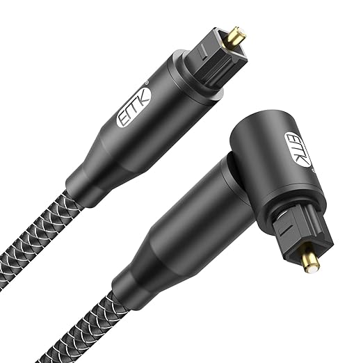 EMK 90 Degree Right Angle Optical Audio Cable [8ft/2.4M] - 360° Rotatable Digital Toslink SPDIF Cable for Soundbar to TV, Home Theater - Black Fiber Optic Cable with Angled Connector