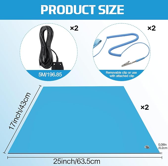 Anti-Static Mat Kits Includes Heat Resistant ESD Mats Anti Static Wrist Straps Grounding Cords Rubber Soldering Table ESD Pad for Computer PC Building Electronics Repair(2 Pack,17 x 25 in)
