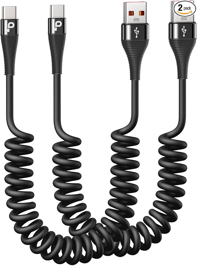 PRAKIE USB C Cable Fast Charging 5FT, Coiled USB A to USB C Cable for Car, Type C Charge Cord USB-C Charging Cable Compatible with iPhone 16/15/Samsung Galaxy S20 and More USB C Devices-Black 2Pack