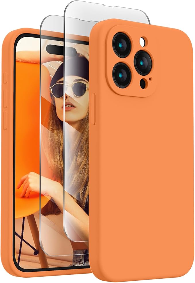 FireNova Designed for iPhone 15 Pro Case, Silicone Upgraded [Camera Protection] Phone Case with [2 Screen Protectors], Soft Anti-Scratch Microfiber Lining Inside, 6.1 inch, Kumquat