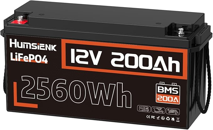 12V 200Ah LiFePO4 Lithium Battery, Built-in 200A BMS, Rechargeable Deep Cycles Batterys, 2560Wh Lithium Battery for Off-Grid and Home Solar System, Marine, Trailer, RV