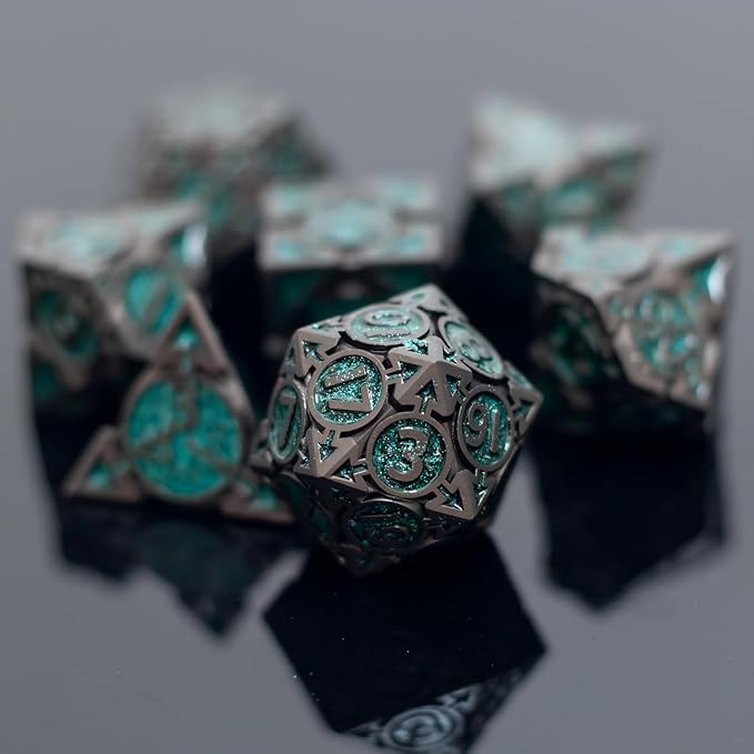 Green Black Nickel Finish Heavy Metal DND Dice Set (Ranger) with A Metal Box, Sharp Edge Zinc Alloy D&D Accessories, D4-D20, Designed for Dungeons & Dragons Master, RPG Player, Starter