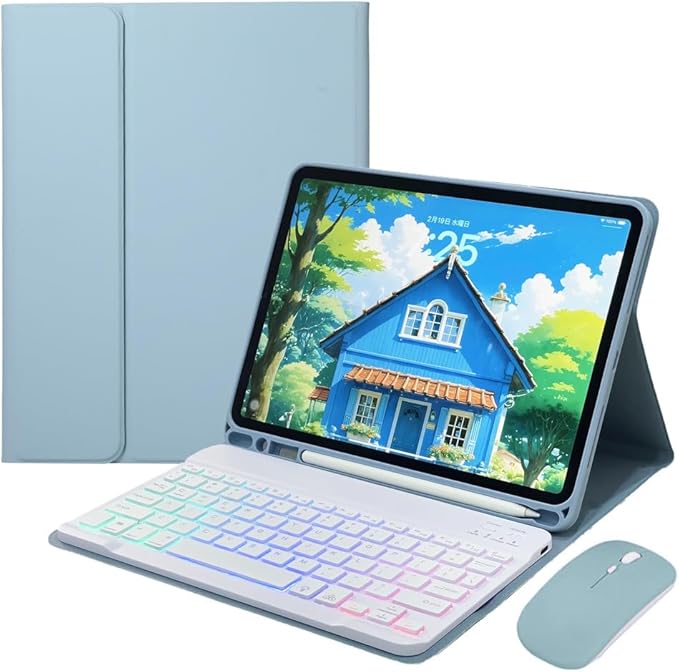Rainbow Backlit Keyboard Case for iPad Air 13-inch (M3/M2), iPad Pro 12.9 (6th/5th/4th/3rd Gen) with Mouse and RGB Colorful Backlight Detachable Keyboard Cover,Misty Blue