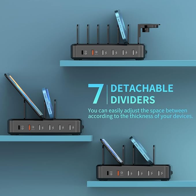 Charging Station for Multiple Devices,68W 6 Ports USB Charger Station with 20W PD USB-C Fast Charging,8 Cables Compatible with Cellphone,Tablet, Kindle, Apple Watch and More
