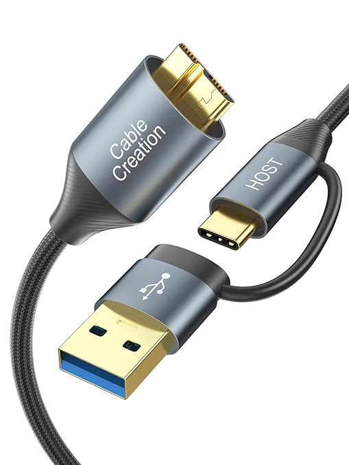 CableCreation USB C Hard Drive Cable 1FT, 5Gbps USB A/C to Micro B, Compatible With iPhone 15 Plus/15 Pro Max, WD, External Hard Drive, and Camera, Grey