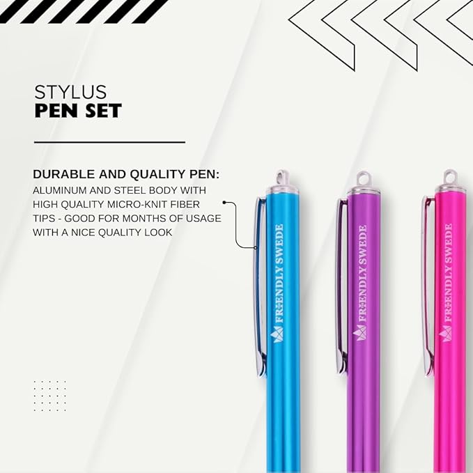 The Friendly Swede Mesh Tip Stylus Pen for Touchscreen — 3-Pack Micro-Knit Capacitive Stylus Pen for iPad & iPhone with 3 Replaceable Fiber Tips, Elastic Lanyards & Screen Cleaning Cloth