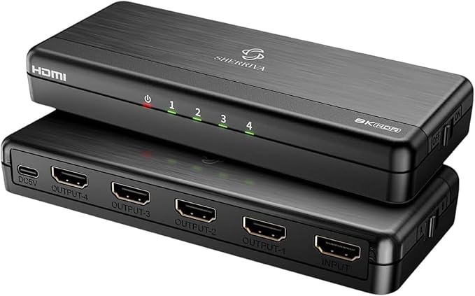8K HDMI Splitter 1 in 4 Out, 1x4 Duplicate/Mirror Screens, HDMI 2.1, 8K@60Hz, 4K@240Hz (DSC), 4K@120Hz, Auto Downscaling, 48Gbps, HDCP 2.3, Compatible with Xbox, PS5, Blu-ray Player