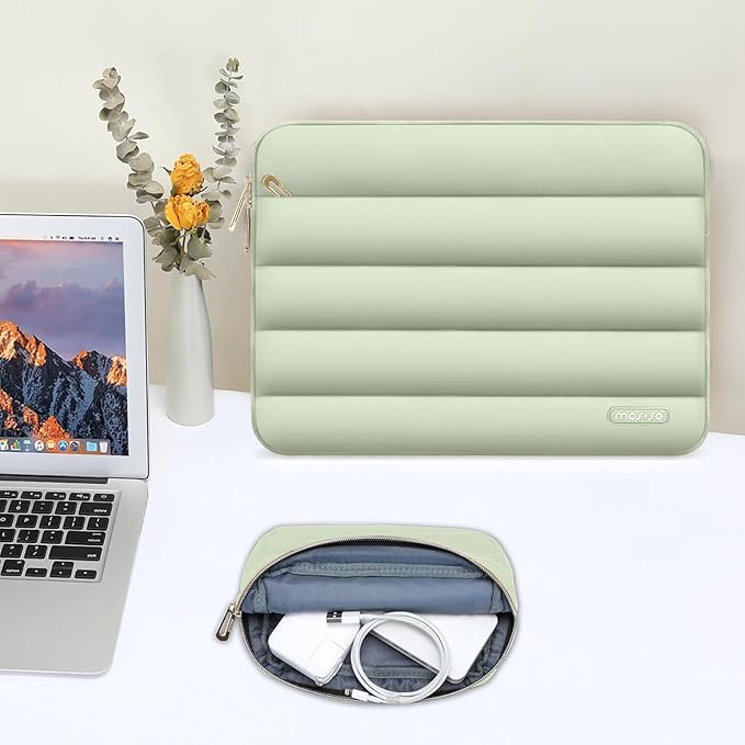 MOSISO 15-15.6 inch Laptop Case, 16 inch Puffy Laptop Sleeve Compatible with MacBook Pro 16, HP Dell ASUS Acer Toshiba Lenovo Notebook Computer, Polyester Horizontal Bag with Small Case, Sage Green