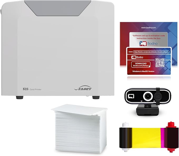 Bodno Seaory S25 Single Sided ID Card Printer & Complete Supplies Package ID Software and Camera - Bronze Edition