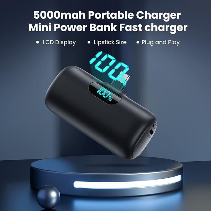 [2 Pack] Samll Portable Charger for iPhone 16/15 Series, 5000mAh 3A PD USB C Power Bank, Mini LCD Display Battery Pack Compatible with iPhone 16/16 Plus/16 Pro/15 Pro Max,Samsung,Android/Moto/LG etc