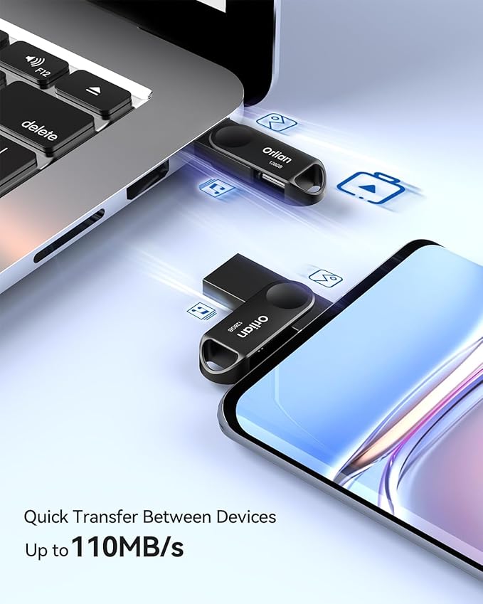 128GB Dual USB Type C +A Flash Drive 2-in-1 OTG USB 3.0 Thumb Drive Metal UDP Waterproof Swivel Design Portable for PC Laptop Tablet Android Smartphone iPhone 15 and More, Black