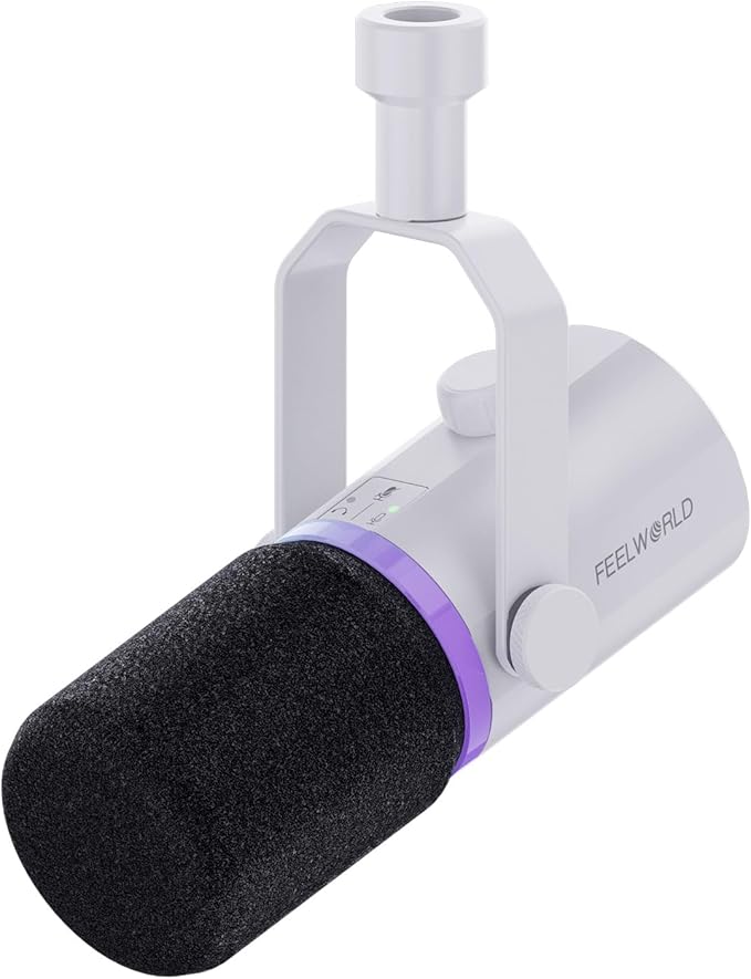 FEELWORLD PM1 XLR USB Dynamic Microphone Gifts for Podcast Recording PC Computer Gaming Live Streaming Vocal Voice-Over, Studio Metal Mic with RGB Light, Mute Button, Headphones Jack (White)