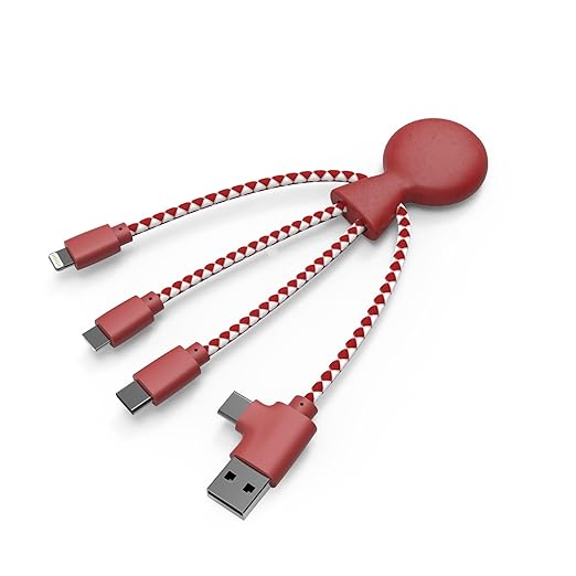 Multi USB Cable 4 in 1 - Universal Charger Made from Recycled Plastic - USB, USB-C, Lighting, Micro USB Ports - Compatible with All Smartphones Mr Bio RED Octopus