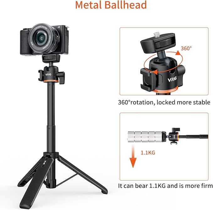 VRIG 21.6" Extension Pole Tripod, Mini Selfie Stick Tripod Stand Handle Grip for DJI Osmo Pocket 3,Insta 360 X5 Webcam Canon G7X Mark III Sony ZV-1 RX100 VII A6400 A6600 Cameras Vlogging