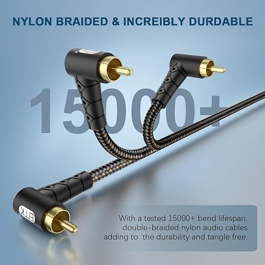 EMK 90 Degree RCA Subwoofer Cable 24K Gold-Plated Connector Nylon Braided Double Shielded – Support Digital & Analog Signals for Amplifier, Home Theater, Hi-Fi System,Subwoofer Black/15ft/5m