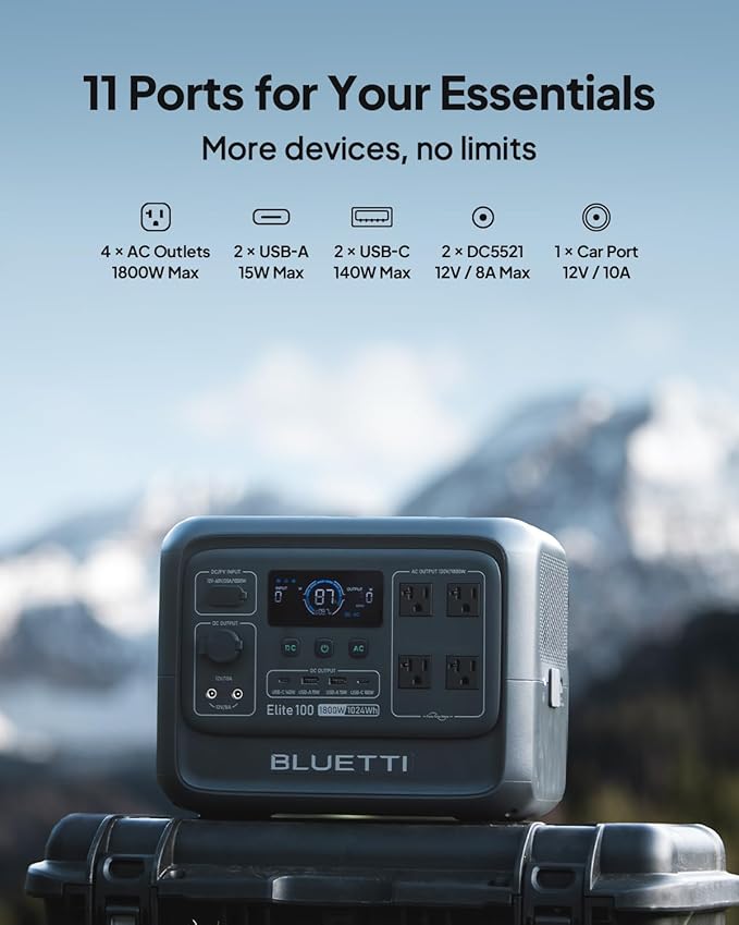 BLUETTI Elite 100 V2 Solar Generator with 100W Solar Panel (Ships Separately), 1024Wh Portable Power Station w/ 4 1800W AC Outlets, 35% Smaller, Ideal for Camping, Emergencies, Backup Power (2025 New)