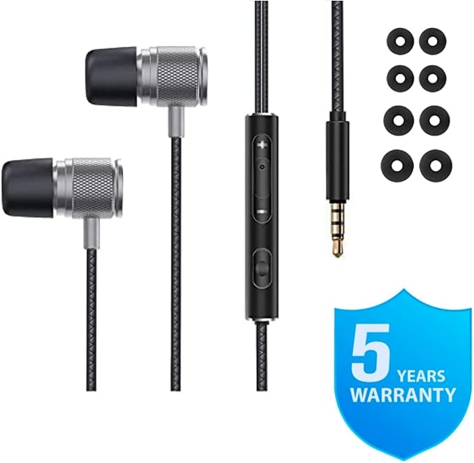 LUDOS Ultra Wired Earbuds in-Ear Headphones, 5 Years Warranty, Earphones with Microphone, Noise Isolating Ear Buds, Memory Foam for iPhone, Samsung, School Students, Kids, Women, Small Ears - Grey