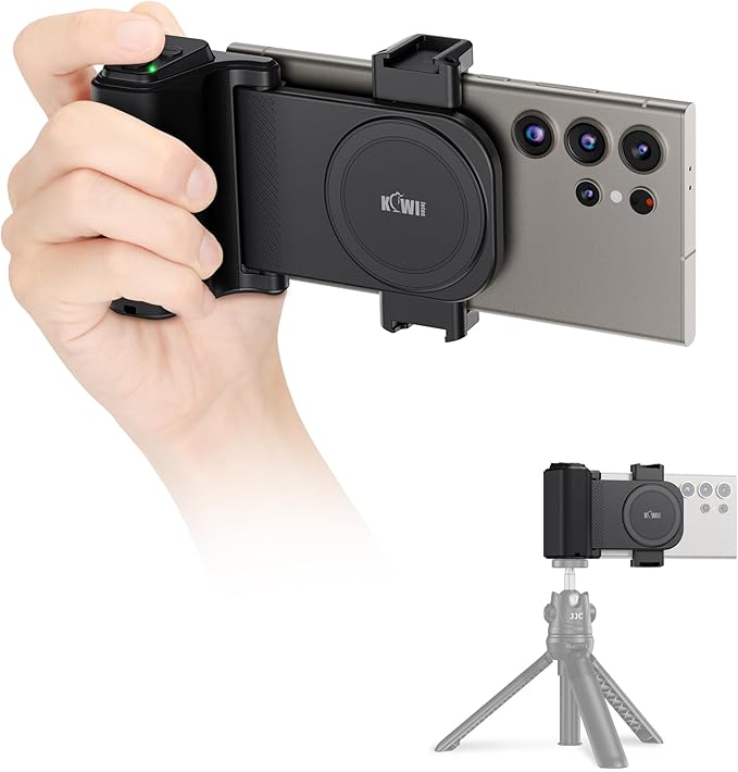 KIWIFOTOS Universal Phone Camera Grip Phone Tripod Mount with Remote Control & Cold Shoe Adapter for iPhone 16 Pro Max Samsung Travel Selfie Vlog Video Shooting Camera Grip