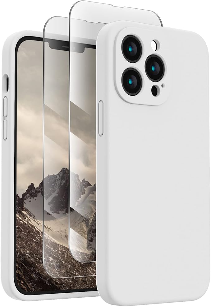 FireNova Designed for iPhone 13 Pro Max Case, Silicone [Camera Protection] Phone Case with [2 Screen Protectors], Soft Anti-Scratch Microfiber Lining Inside, 6.7 inch, White