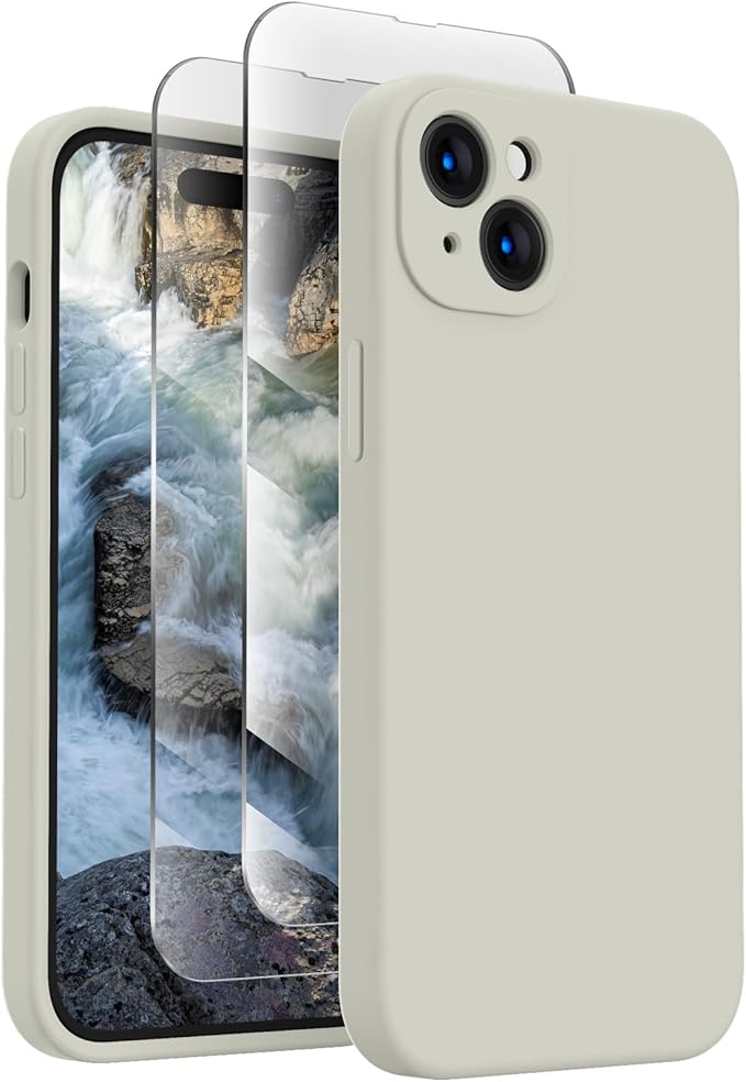 FireNova Designed for iPhone 15 Case, Silicone Upgraded [Camera Protection] Phone Case with [2 Screen Protectors], Soft Anti-Scratch Microfiber Lining Inside, 6.1 inch, Stone