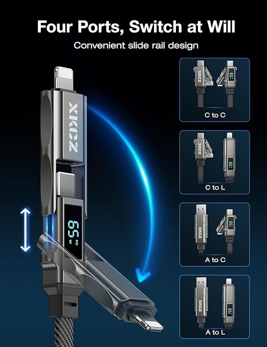 4 in 1 USB C Cable with Wattage Display, 65W Flat Nylon Braided Multi Charge Cable with Data Sync, USB C Charging Cord Combo Type C/USB A/L Port for iPhone/iPad/Samsung/Laptop, 3FT