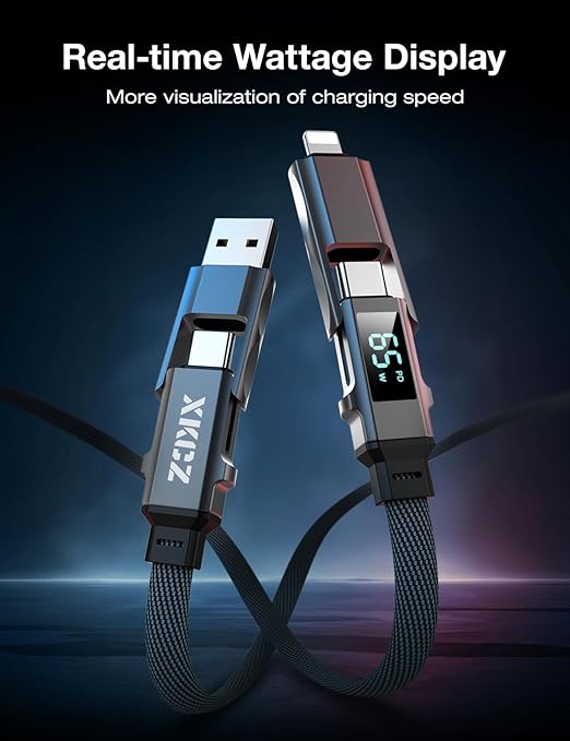 4 in 1 USB C Cable with Wattage Display, 65W Flat Nylon Braided Multi Charge Cable with Data Sync, USB C Charging Cord Combo Type C/USB A/L Port for iPhone/iPad/Samsung/Laptop, 5FT