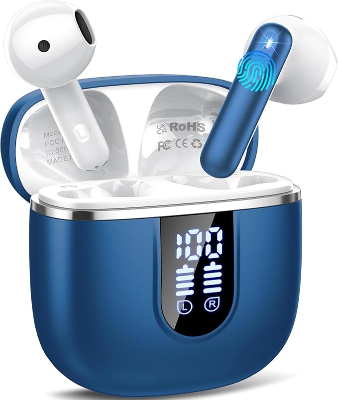 Wireless Earbuds, Bluetooth 5.4 Headphones with 3D Bass Stereo, 40H Ultralight in-Ear Buds, Bluetooth Earbuds with 4 ENC Noise Cancelling Mic, USB-C, IP7 Waterproof Earphones for Android iOS, Blue