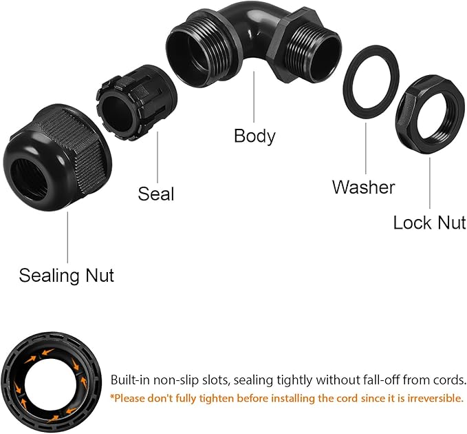 LeMotech M12 Cable Gland, 90 Degree Adjustable 4-8mm Strain Relief, Cord Connectors Nylon Joints with Gaskets, 6 Pcs, Black