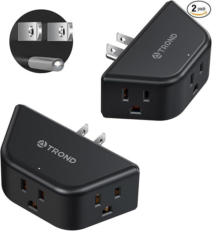 TROND 2 Pack Multi Plug Wall Outlet, 3 Way Angled Wall Outlet Extender, 3 Prong Plug Splitter, Cruise Essentials, Multiple Expander for Travel Home Hotel Dorm Room, Black