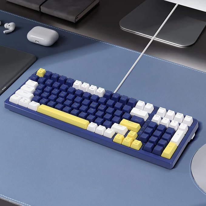 Wireless Mechanical Keyboard, Triple Mode 2.4G/USB-C/BT Gaming Keyboards 100 Keys Ice-Blue Backlit, Brown Switch Keyboard | Rechargeable Mechanical Gaming Keyboards | Blue/White/Yellow