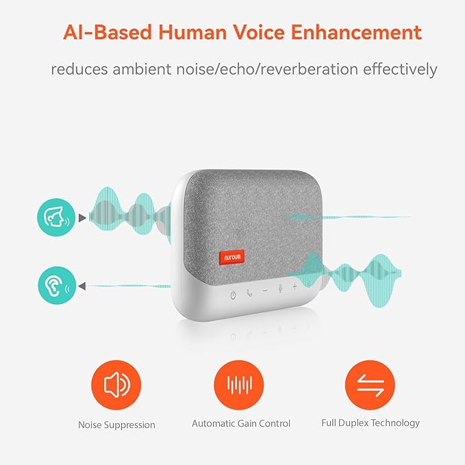NUROUM A15 Bluetooth Conference Speaker and Microphone, 360° Voice Pick up & Noise Canceling Computer Speakerphone with 4 MEMS Mics, Daisy Chain, w/Dongle, USB Plug & Play