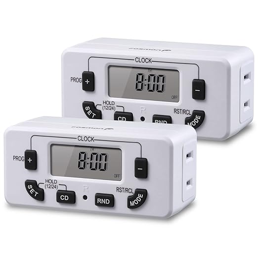Fosmon 7 Day Digital Timers for Electrical Outlets, Indoor Plug-in Light Timers Switch Programmable, Electric Wall Plug for Grow / Reptile Light, Lamp, Appliance, Aquarium, Fish Tank - 2 Pack