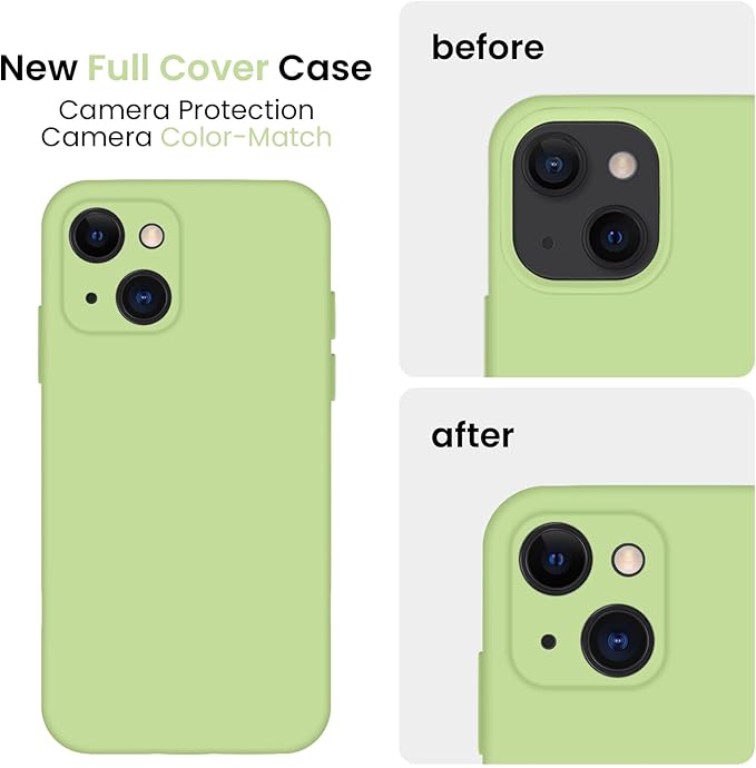 FireNova Designed for iPhone 13 Case, Silicone Upgraded [Camera Protection] Phone Case with [2 Screen Protectors], Soft Anti-Scratch Microfiber Lining Inside, 6.1 inch, Tea Green