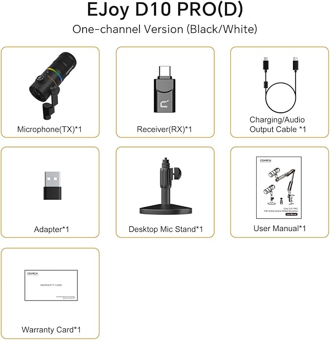 COMICA D10 Pro D Wireless/XLR/USB Dynamic Microphone with Receiver Desktop Stand- Dual Channel Cardioid Mic, 45H Battery, RGB Lights, CalMix Denoise for Gaming/Streaming/PD(PC, PS4/5, Mac,Phone)-Black