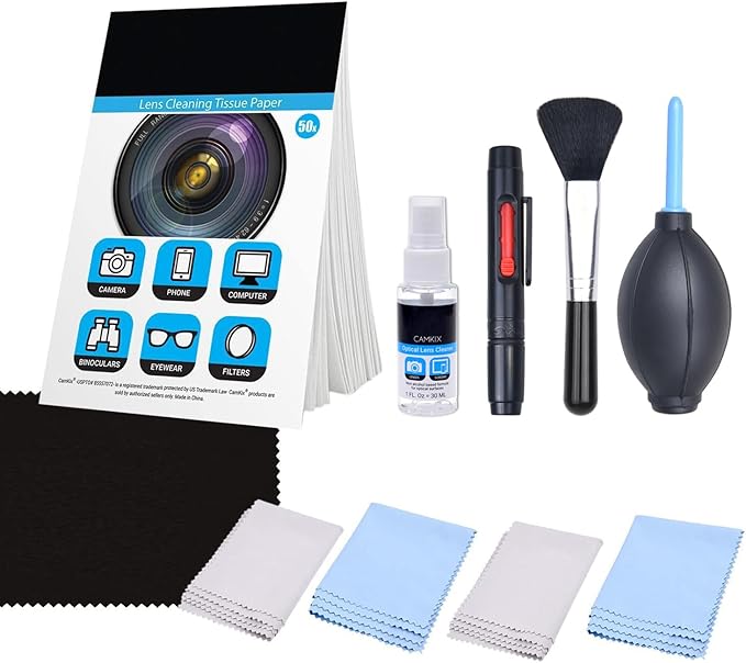 Camkix Camera Lens Cleaning Kit - Air Blower, 2in1 Lens Cleaning Pen, Cleaning Brush, Spray Bottle w/Cleaning Solution, Lens Cleaning Paper Tissue (50 Sheets), Microfiber Cleaning Cloths- for Lenses