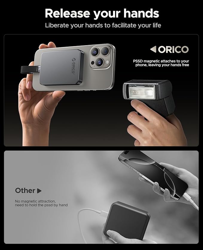 ORICO 1TB Magnetic SSD, PD100W Charging, 4K ProRes HDR, 1000MB/s USB 3.2, Portable External Drive for iPhone 16/15, Laptops, Tablets - Aluminum Alloy, Drop Resistant - K10
