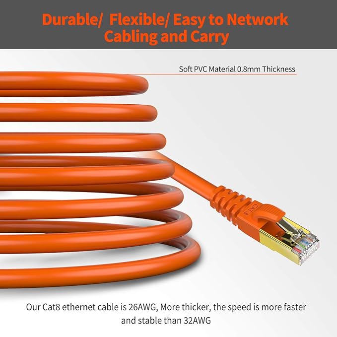 CAT 8 Ethernet Cable Shielded SFTP Internet Network Patch Cord, Heavy Duty High Speed LAN Cables w Gold Plated RJ45 Connector Professional for Router, Modem, Gaming, Xbox (15 Feet, 5 Pack Orange)