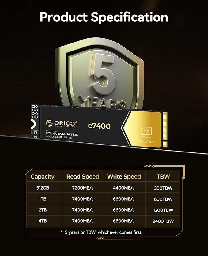 ORICO 1TB NVMe SSD PCIe 4.0- Up to 7400MB/s, M.2 2280 PCIe 4.0X4 Internal Solid State Drive, Fast Heat Dissipation, Compatible with macOS Windows for Gamers and Creators-e7400