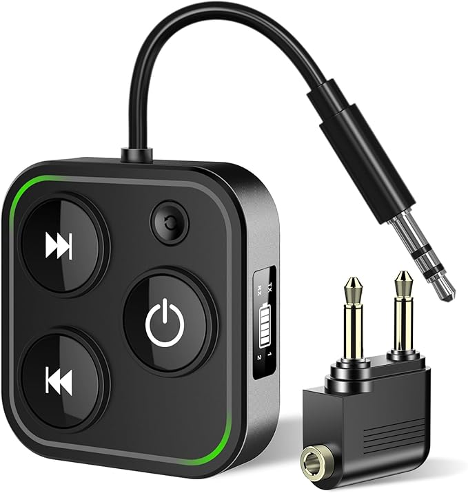2025 Pro Bluetooth 5.4 Transmitter Receiver, 2-in-1 Wireless Audio Adapter for Airplane/TV/PC/Gym - Dual Link Headphone, Low Latency, Battery Display, Built-in Mic, 30H Playtime, Aviation Metal Frame
