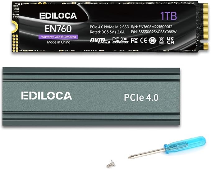 1TB M2 NVME SSD with Heatsink - PCIe Gen4.0 NVMe M.2 2280 3D NAND TLC, 5000MB/s Read, Internal Solid State Drive for PS5/PC, Dynamic SLC Cache, PS5 Storage Expansion, 5-Year Warranty(EN760)