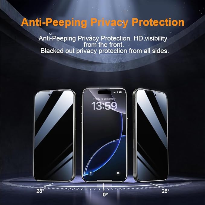 OneFish Privacy Screen Protector for IPhone 15 Pro Max Anti-Spy Tempered Glass Dust-Free Bubble-Free Anti-Fingerprint 9H Scratch Protection & Hassle-Free Installation Frame [2-Pack]