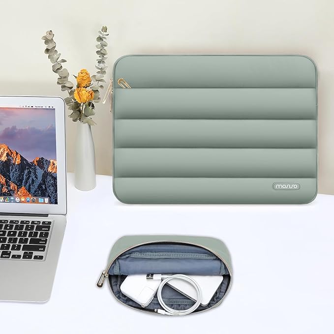 MOSISO 14 inch Laptop Case, 14 inch Puffy Laptop Sleeve Compatible with HP Lenovo Dell ASUS Acer, HP Stream, Dell Latitude, Lenovo IdeaPad, Polyester Horizontal Bag with Small Case, Antique Green