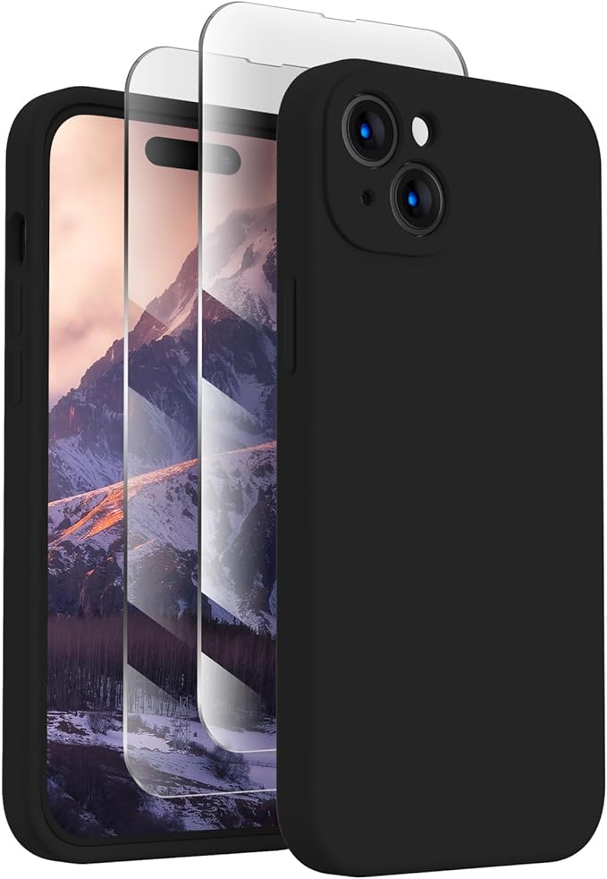 FireNova Designed for iPhone 15 Case, Silicone Upgraded [Camera Protection] Phone Case with [2 Screen Protectors], Soft Anti-Scratch Microfiber Lining Inside, 6.1 inch, Black